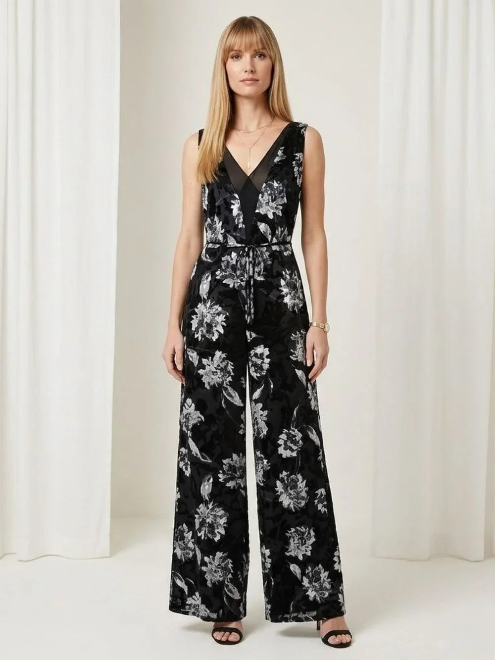 WHBM White House Black Market Avery Floral Black Burnout Jumpsuit 6 - Picture 1 of 11